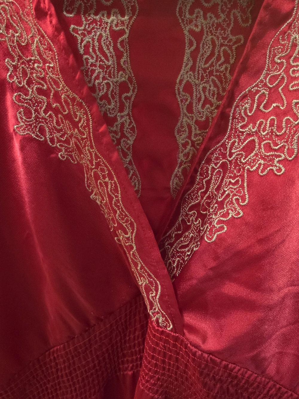 Red Satin Dress with Gold Embroidered Trim - Elegant Women's Wrap